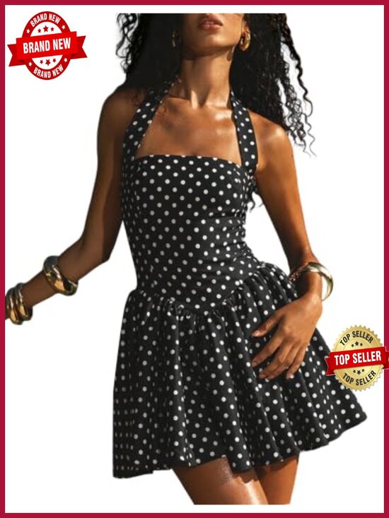 Dresses & Skirts - Polka Dot Halter Mini Dress V-Shaped Waist Smocked Back Vacation